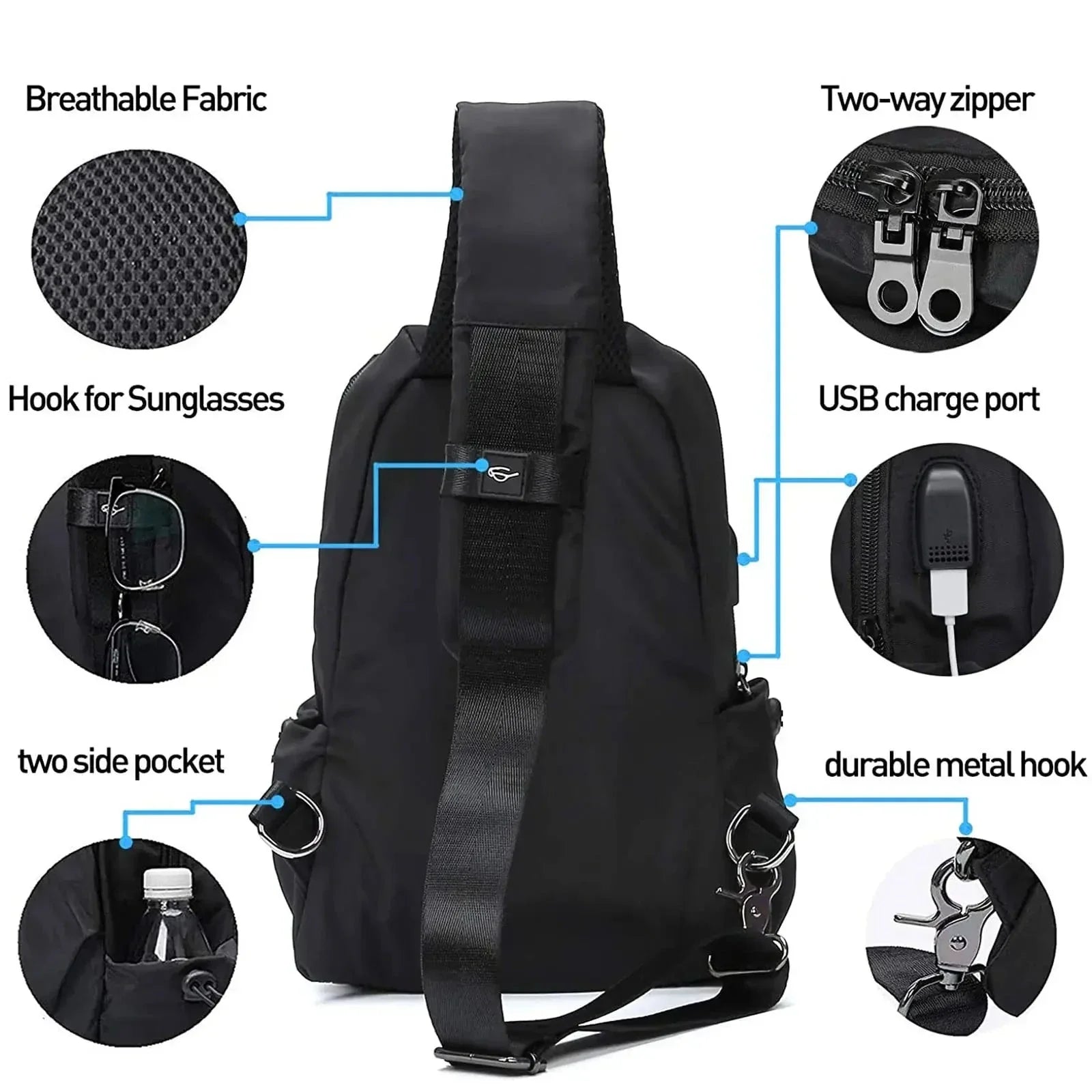 Zaino monospalla nero con porta USB, tessuto traspirante, cerniera a due vie, ganci per occhiali e metallo, tasche laterali. Perfetto per viaggi e lavoro.