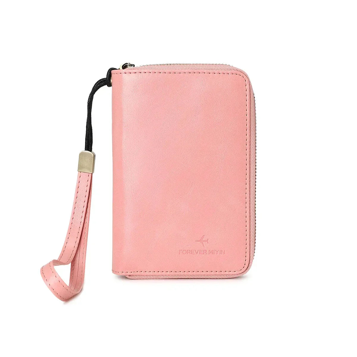 Portafoglio donna rosa in pelle con cerniera e cinturino, design elegante, ideale per viaggi e uso quotidiano. Accessorio moda femminile.