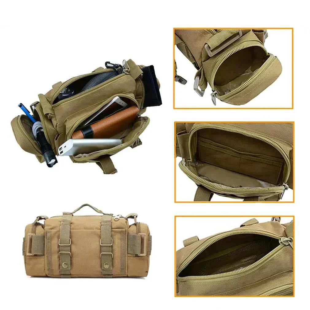 Zaino tattico militare beige, multifunzione, con tasche multiple, cerniere robuste, ideale per escursioni, campeggio, outdoor, resistente e spazioso.
