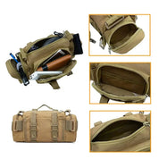 Zaino tattico militare beige, multifunzione, con tasche multiple, cerniere robuste, ideale per escursioni, campeggio, outdoor, resistente e spazioso.