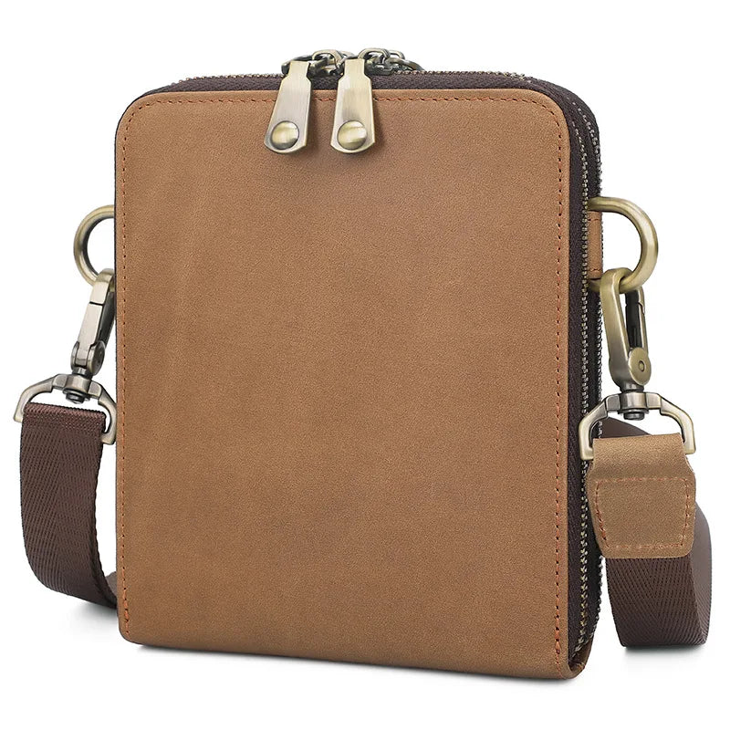 Borsa a tracolla in pelle marrone, design compatto con doppia cerniera e tracolla regolabile, ideale per uomo, stile vintage e casual.