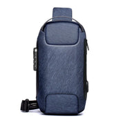 Zaino antifurto blu scuro, design moderno, con porta USB e chiusura a combinazione. Ideale per viaggi e lavoro, resistente e sicuro.