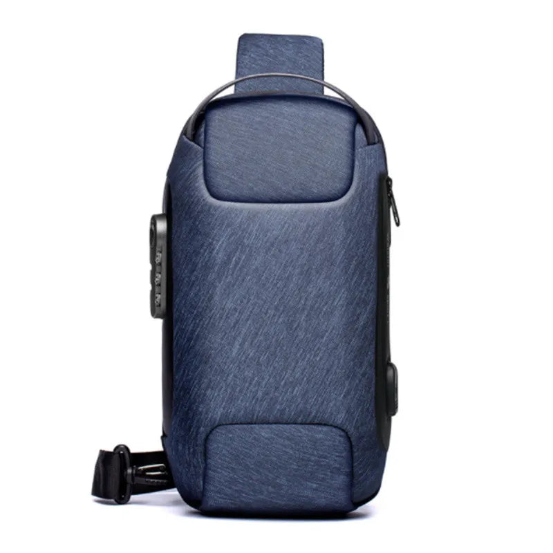 Zaino antifurto blu scuro, design moderno, con porta USB e chiusura a combinazione. Ideale per viaggi e lavoro, resistente e sicuro.