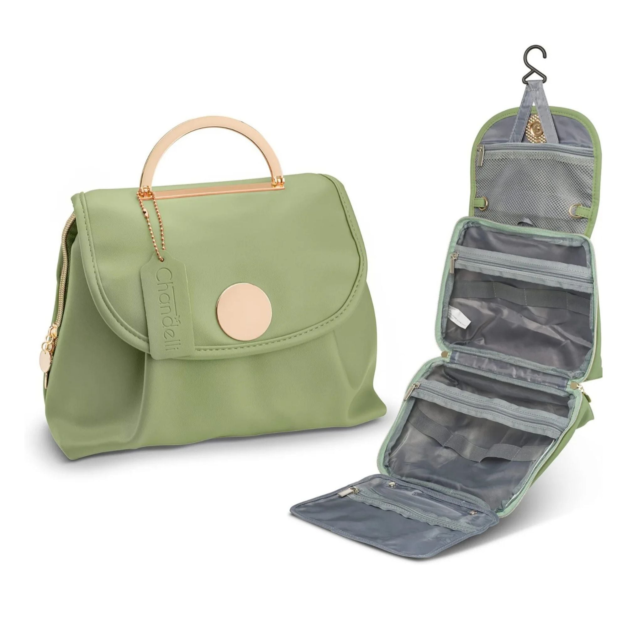 Borsa da viaggio verde con manico beige e organizer interno appeso, ideale per cosmetici e accessori. Design elegante e funzionale.