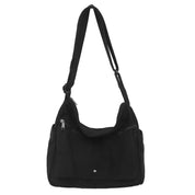 Borsa a tracolla nera in tessuto, design casual con tasche multiple e cerniere, ideale per uso quotidiano e viaggi. Accessorio moda versatile.