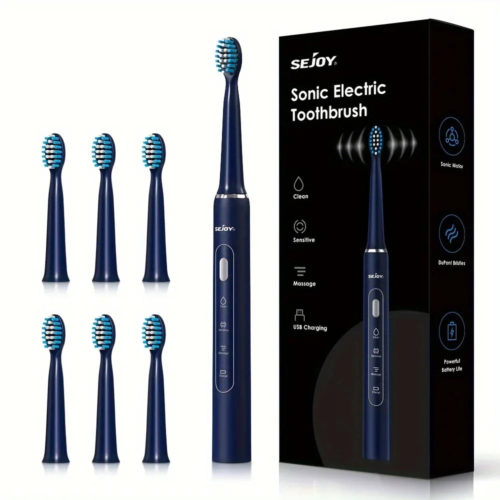 Spazzolino elettrico sonico Sejoy con 6 testine di ricambio, ricarica USB, modalità pulizia e massaggio, setole blu, confezione elegante.