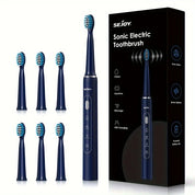 Spazzolino elettrico sonico Sejoy blu con sei testine di ricambio, ricarica USB, modalità pulizia e massaggio. Design moderno ed elegante.