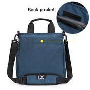 Borsa a tracolla blu con tasca posteriore, manici neri e tracolla regolabile. Design moderno, ideale per lavoro e viaggio.