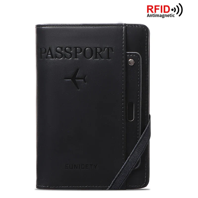 Porta passaporto in pelle nera con protezione RFID, design elegante con incisione aereo, tasca per smartphone, ideale per viaggi sicuri e organizzati.