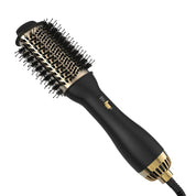 Spazzola ad aria calda nera e oro, design cilindrico, setole in nylon, manico ergonomico, ideale per asciugatura e styling capelli.