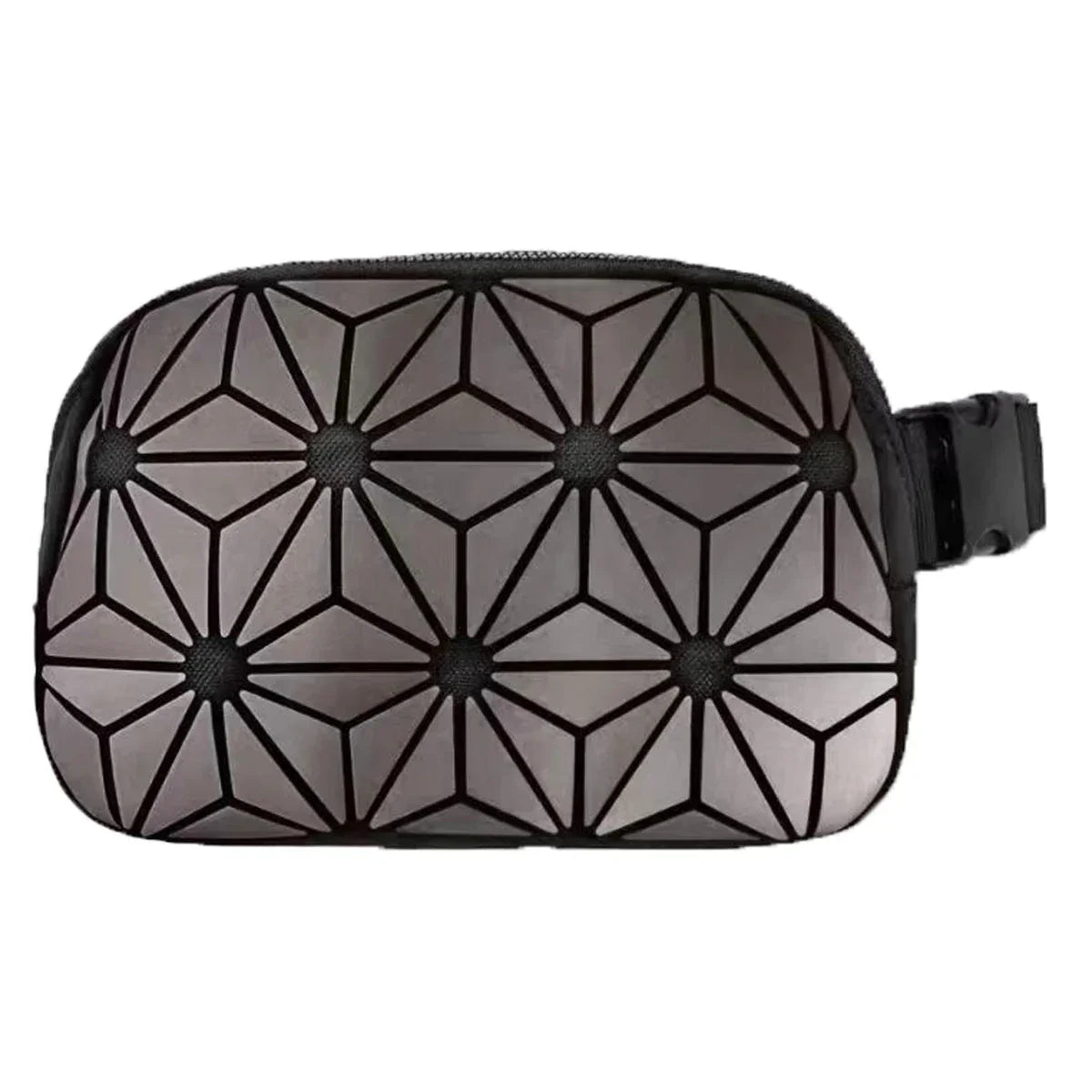 Marsupio geometrico nero con motivo a triangoli, design moderno, chiusura a zip, ideale per moda urbana e viaggi. Accessorio unisex elegante.