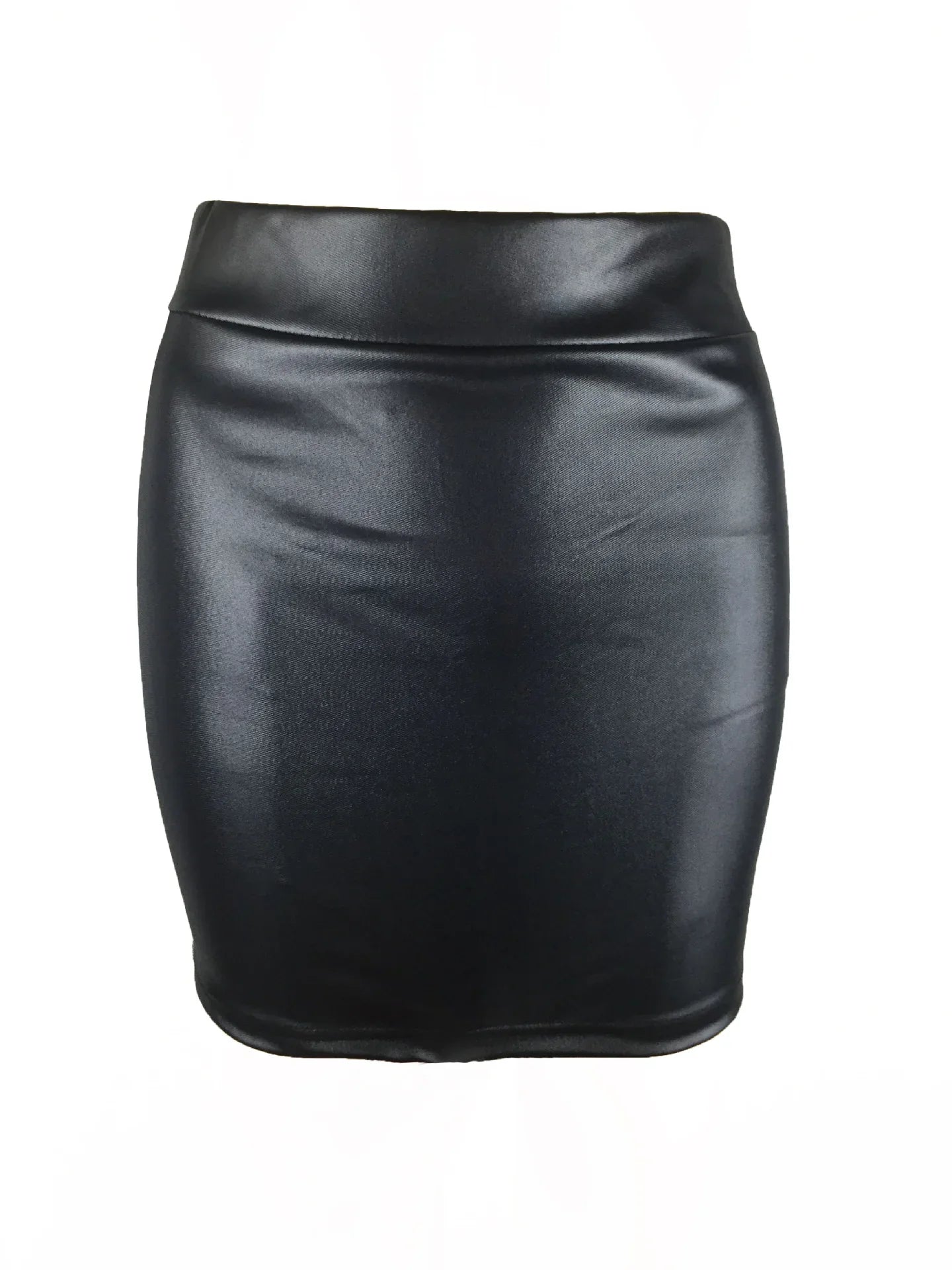 Gonna nera in ecopelle, design a tubino, vita alta, elegante e moderna. Perfetta per look casual o formali. Moda donna, abbigliamento trendy.