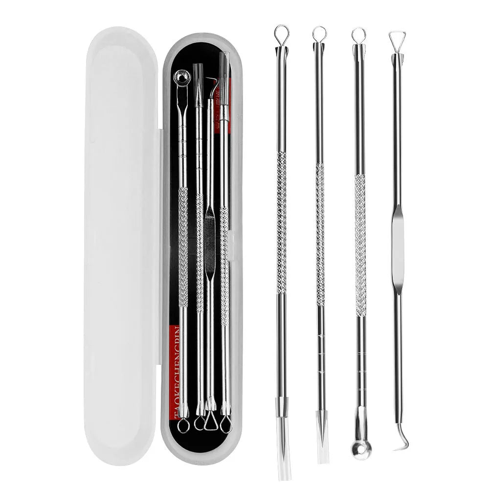Set di strumenti per la rimozione di punti neri in acciaio inossidabile, 5 pezzi con custodia bianca. Kit per la pulizia del viso, cura della pelle.