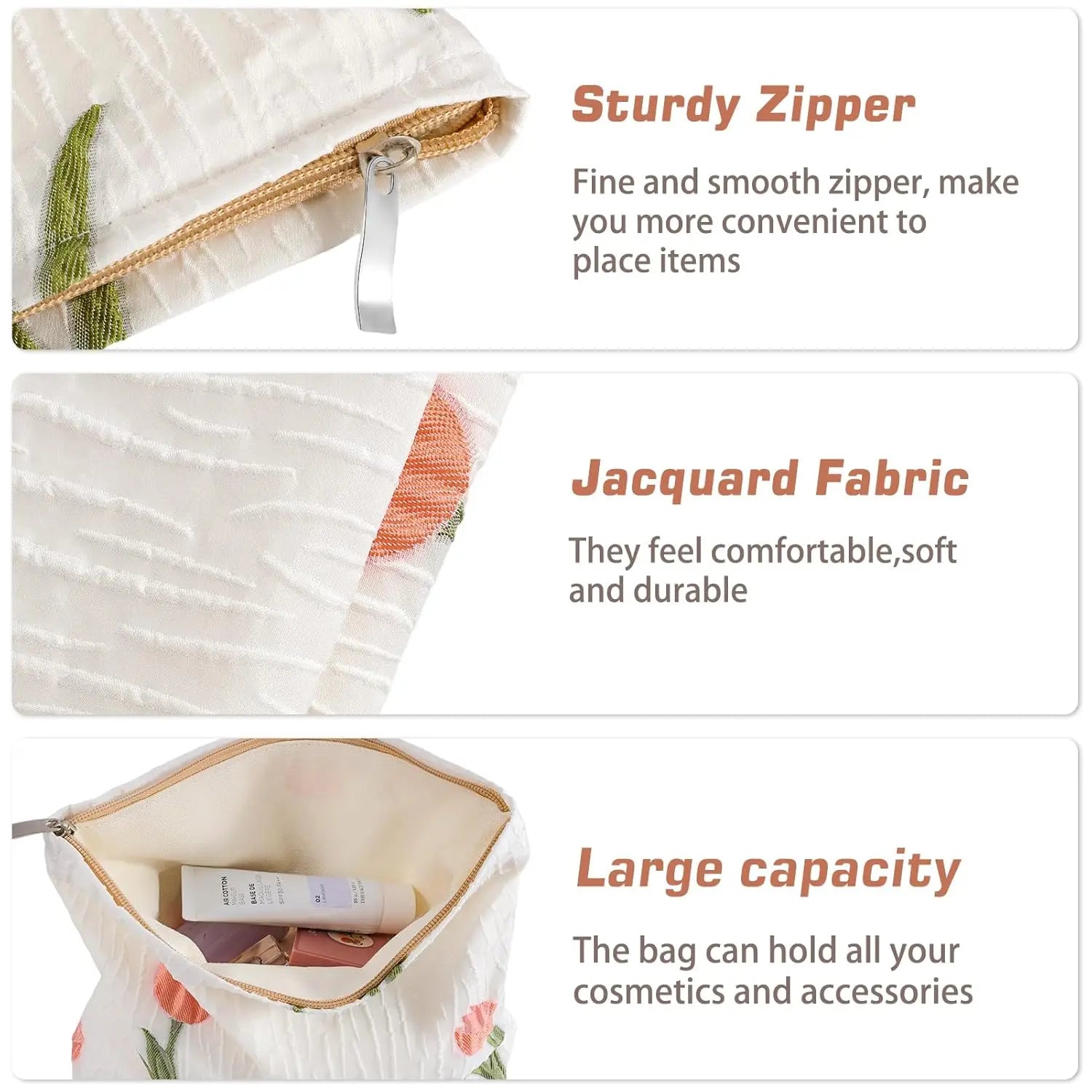 Borsa cosmetica con cerniera robusta, tessuto jacquard morbido e durevole, ampia capacità per accessori e cosmetici.