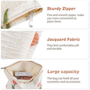 Borsa cosmetica con cerniera robusta, tessuto jacquard morbido e durevole, ampia capacità per accessori e cosmetici.