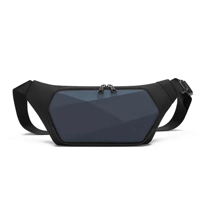 Marsupio nero e blu con design geometrico, cerniere doppie e cintura regolabile. Accessorio moda unisex, ideale per viaggi e attività all'aperto.