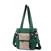 Borsa a tracolla verde e beige con tasche multiple, design moderno, ideale per donna, perfetta per uso quotidiano e viaggi.