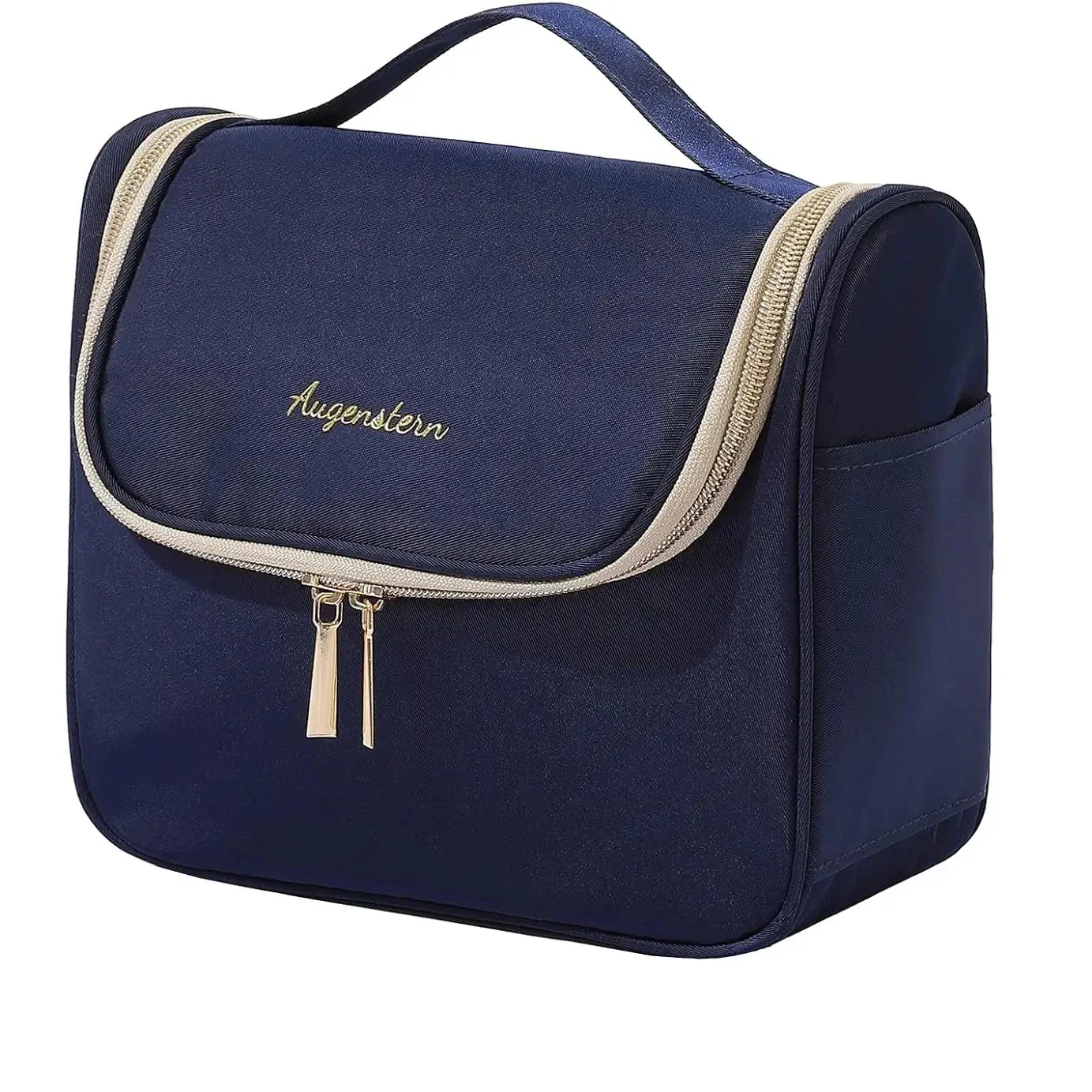 Borsa da toilette blu con cerniera, manico superiore e tasche laterali. Design compatto, ideale per viaggi e organizzazione accessori bagno.
