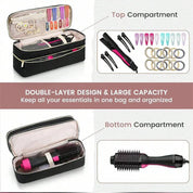 Borsa organizer doppio strato per accessori capelli, include spazzola ad aria calda, pettine, fermagli e elastici. Design compatto e capiente.