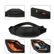 Marsupio nero impermeabile con tasche multiple, cerniere resistenti e interno arancione. Ideale per sport, viaggi e uso quotidiano.
