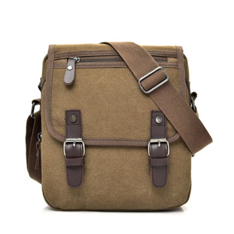 Borsa a tracolla in tela marrone con fibbie in pelle, tasca frontale con zip, design vintage, ideale per uomo e donna, perfetta per uso quotidiano.