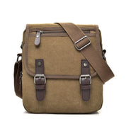 Borsa a tracolla in tela marrone con fibbie in pelle, tasca frontale con zip, design vintage, ideale per uomo e donna, perfetta per uso quotidiano.