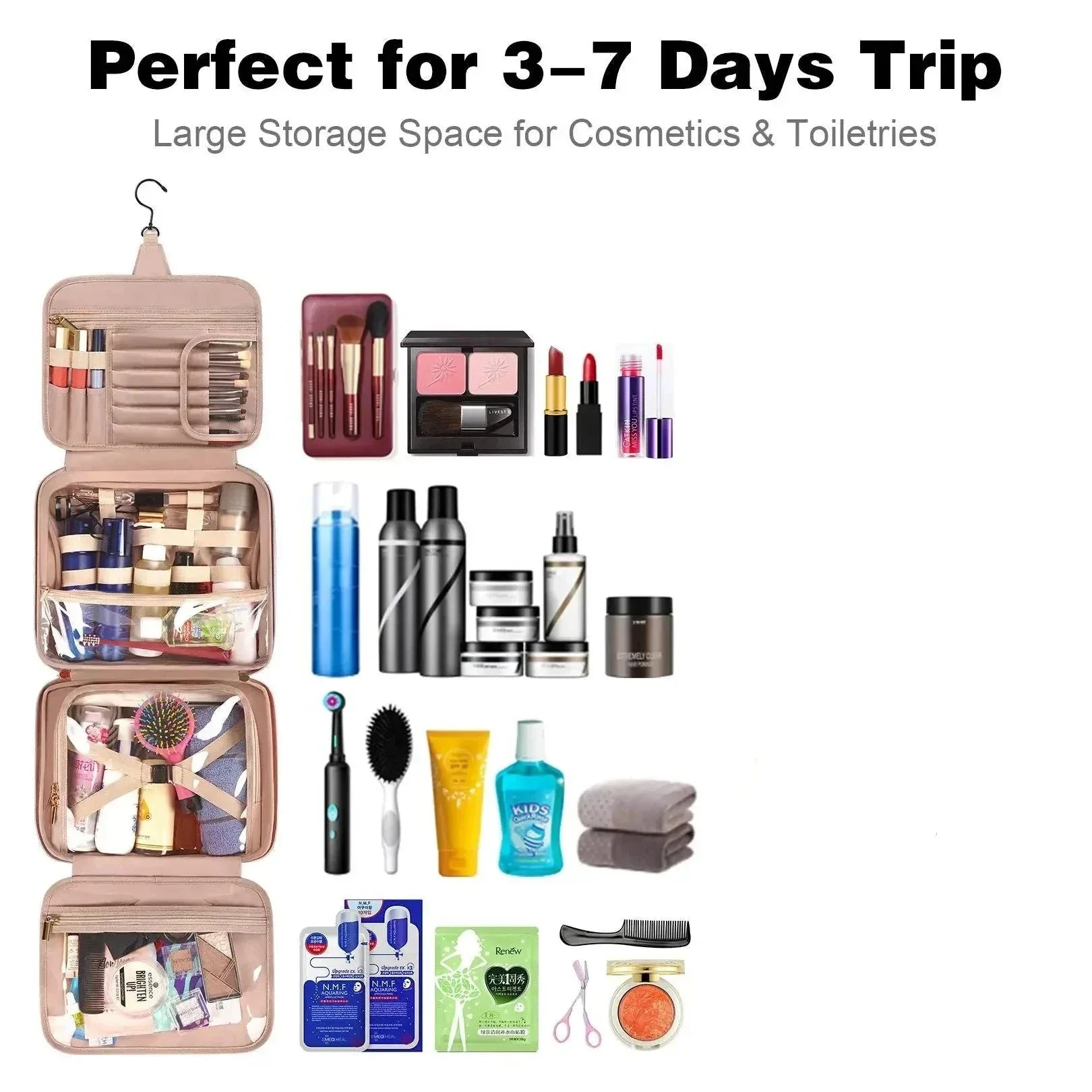 Organizer da viaggio per cosmetici e articoli da toeletta, ideale per viaggi di 3-7 giorni. Ampio spazio di archiviazione, design appeso, tasche multiple.
