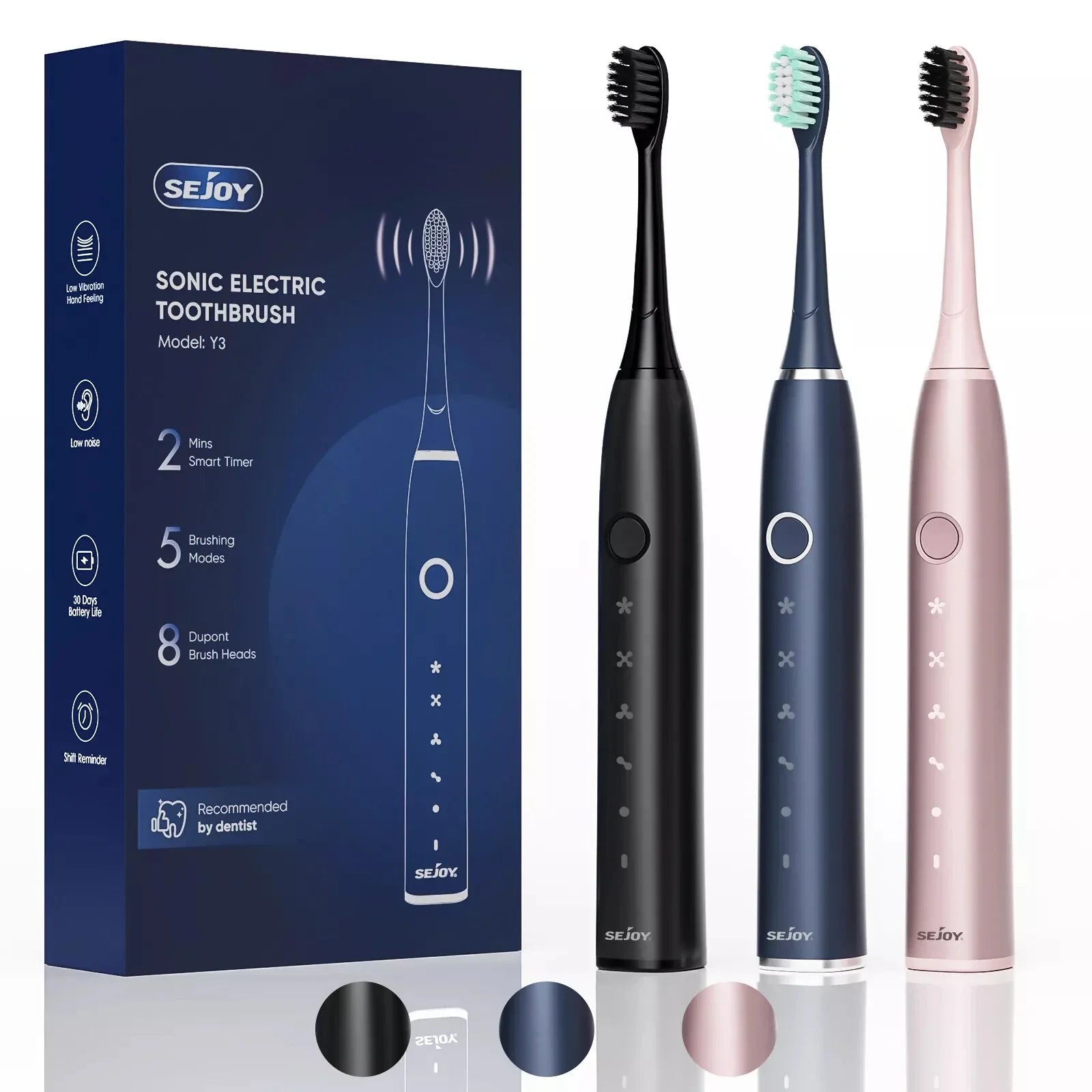 Spazzolino elettrico sonico Sejoy Y3, nero, blu e rosa, con 5 modalità di spazzolamento, timer intelligente, testine DuPont, confezione inclusa.