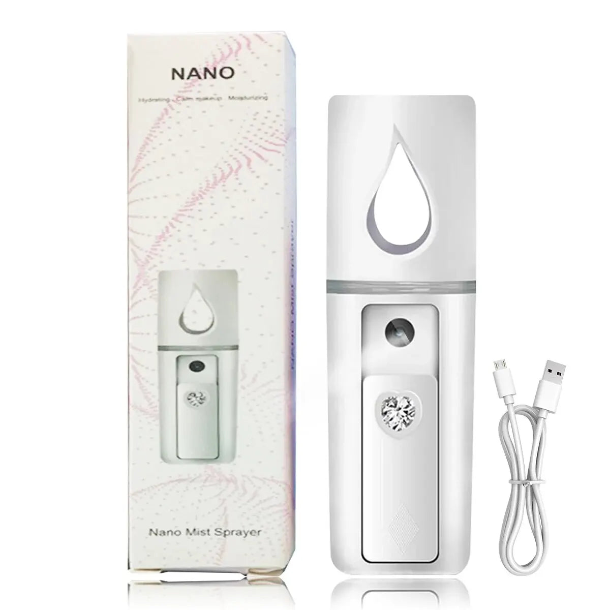Spruzzatore nano portatile bianco con confezione, cavo USB incluso. Ideale per idratazione viso, skincare, vaporizzatore viso compatto e ricaricabile.