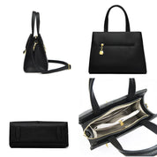 Borsa a mano donna in pelle nera, design elegante, con tracolla regolabile, chiusura a zip, dettagli dorati, tasche interne. Accessorio moda.