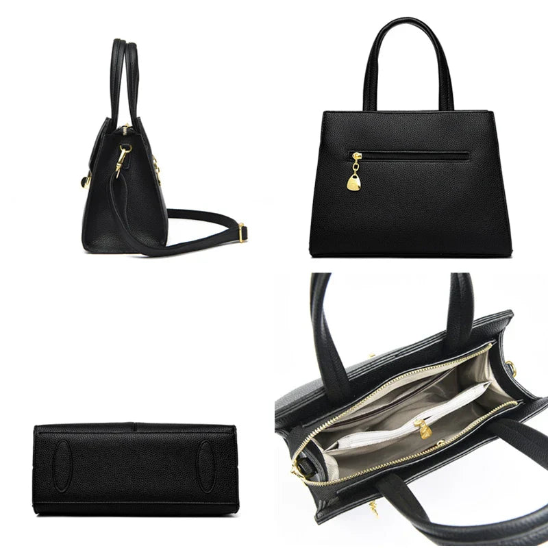 Borsa a mano donna in pelle nera, design elegante, con tracolla regolabile, chiusura a zip, dettagli dorati, tasche interne. Accessorio moda.