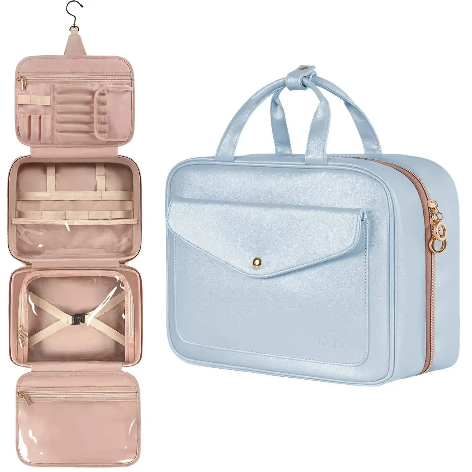 Borsa da viaggio organizer blu con gancio, tasche multiple, ideale per cosmetici e accessori. Design compatto e funzionale per viaggi.