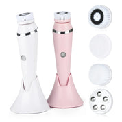 Dispositivo di pulizia viso elettrico, bianco e rosa, con testine intercambiabili. Spazzola esfoliante per cura della pelle, ricaricabile e impermeabile.