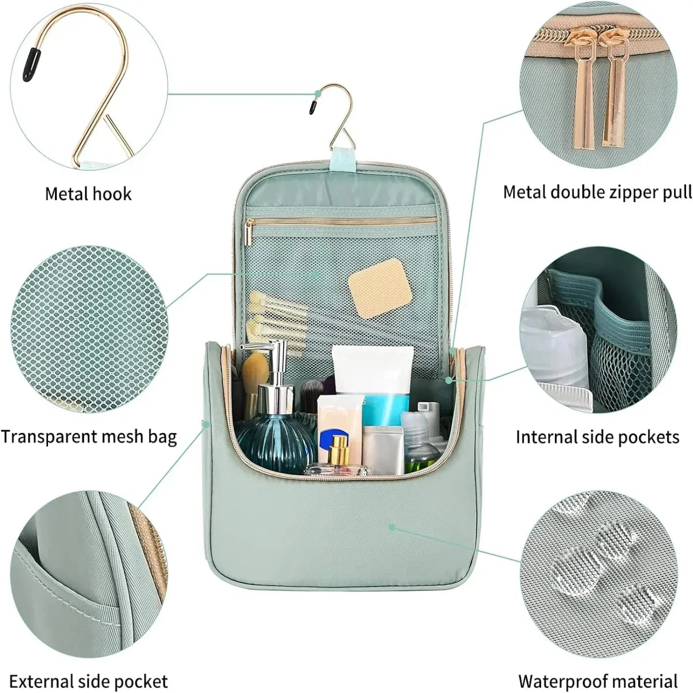 Borsa da toilette verde con gancio in metallo, tasche interne, tasca a rete trasparente, doppia cerniera in metallo, materiale impermeabile.