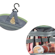 Organizer da viaggio per cosmetici con gancio, tasche trasparenti e rete. Ideale per trucco, accessori e prodotti di bellezza. Portatile e pratico.