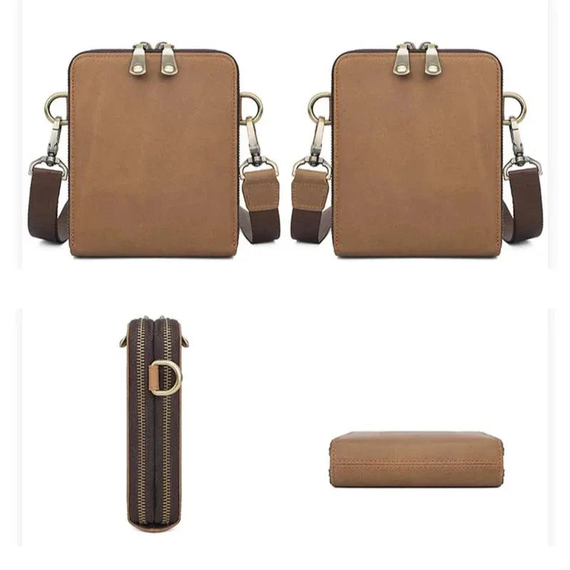 Borsa a tracolla in pelle marrone, design compatto, doppia cerniera, tracolla regolabile, ideale per uomo e donna, moda accessori unisex.