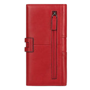 Portafoglio donna in pelle rossa con cerniera verticale, design elegante e moderno, ideale per moda e accessori, alta qualità e stile.