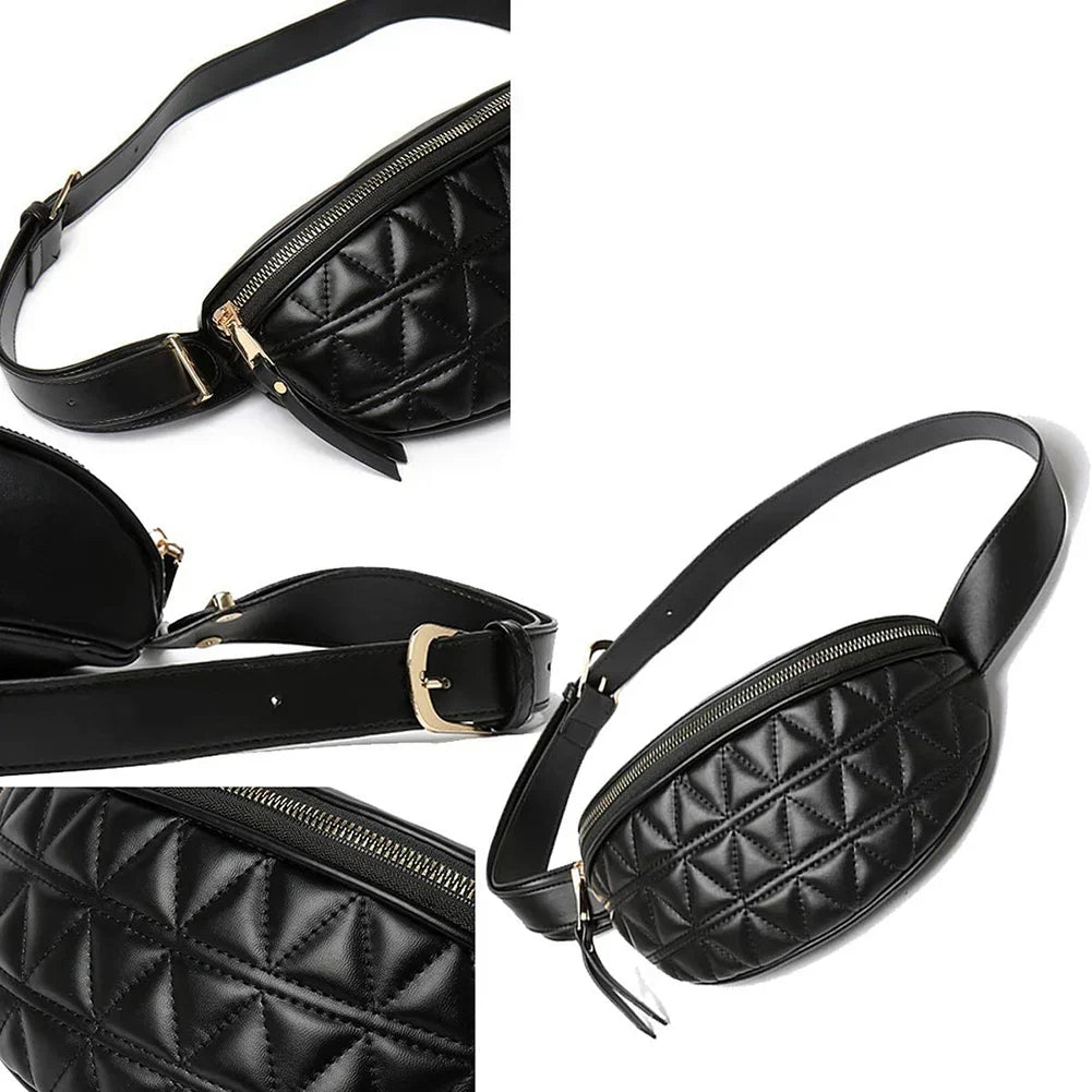 Marsupio nero trapuntato in pelle sintetica con cerniera dorata, cintura regolabile e design elegante. Accessorio moda versatile e chic.