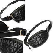 Marsupio nero trapuntato in pelle sintetica con cerniera dorata, cintura regolabile e design elegante. Accessorio moda versatile e chic.