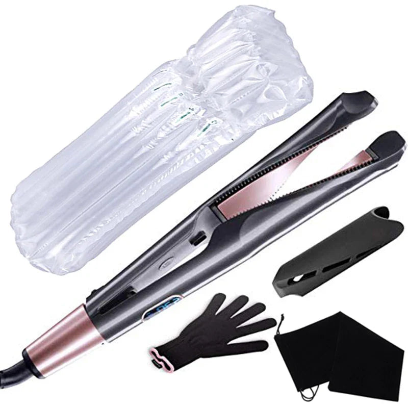 Piastra per capelli professionale con guanto termico, custodia protettiva e confezione. Design elegante, ideale per styling capelli lisci e mossi.
