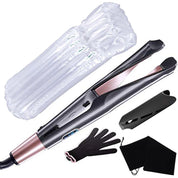 Piastra per capelli professionale con guanto termico, custodia protettiva e confezione. Design elegante, ideale per styling capelli lisci e mossi.