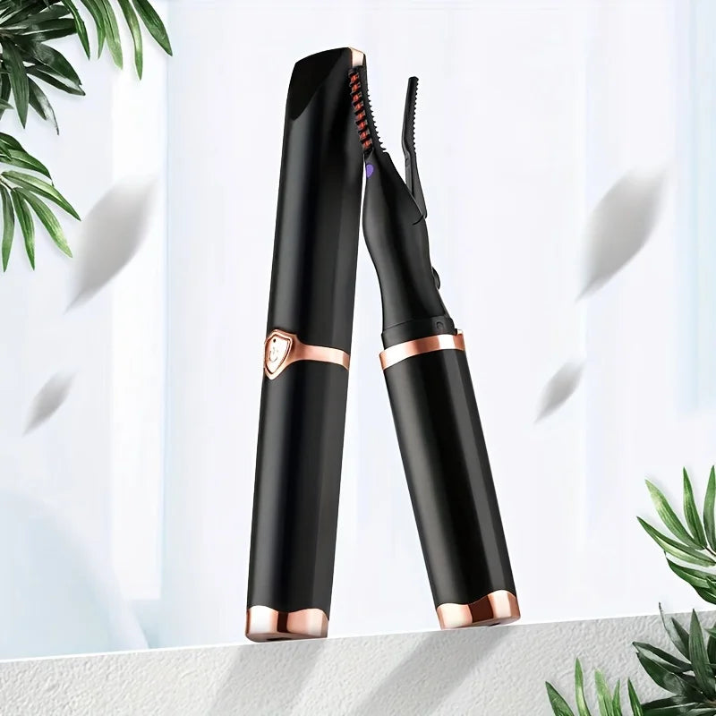 Pettine riscaldato per ciglia nero e oro rosa, design elegante, portatile, ideale per arricciare ciglia, accessorio bellezza essenziale.