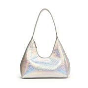 Borsa a spalla argentata effetto olografico, design moderno e lucente, ideale per moda donna. Accessorio elegante e versatile per ogni occasione.