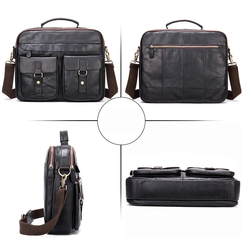Borsa a tracolla in pelle nera per uomo, design elegante con tasche frontali, cerniere robuste, tracolla regolabile. Ideale per lavoro e viaggio.