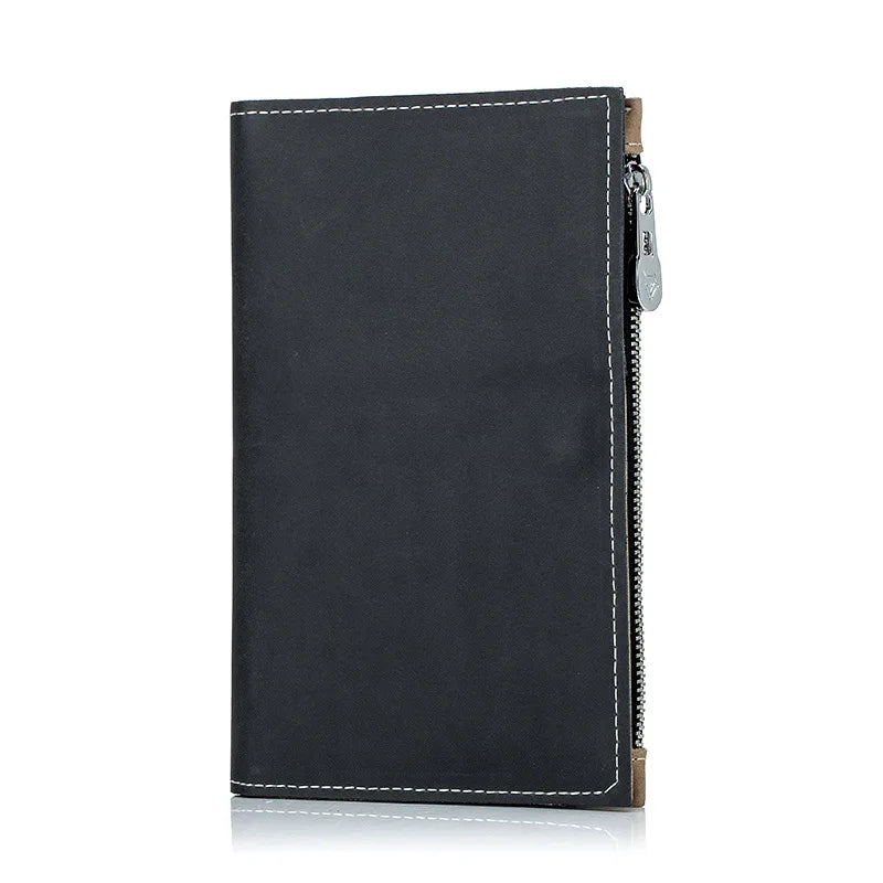 Portafoglio uomo in pelle nera con cerniera, design elegante e cuciture bianche, ideale per carte e contanti. Accessorio moda maschile.