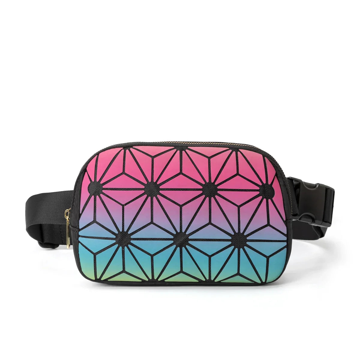 Marsupio geometrico multicolore con motivo a triangoli, sfumature rosa, blu e verde, cintura regolabile nera, chiusura a zip. Accessorio moda unisex.