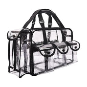 Borsa trasparente in PVC con manici neri, tre tasche frontali con bottoni. Ideale per viaggi, eventi, sicurezza. Design moderno e funzionale.