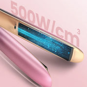Piastra per capelli rosa con display digitale, tecnologia avanzata 500W/cm³, design elegante, ideale per styling professionale e veloce.