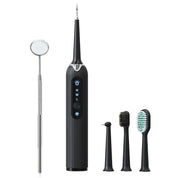 Spazzolino elettrico nero con accessori: specchietto dentale, testine intercambiabili. Design moderno, ideale per igiene orale avanzata.