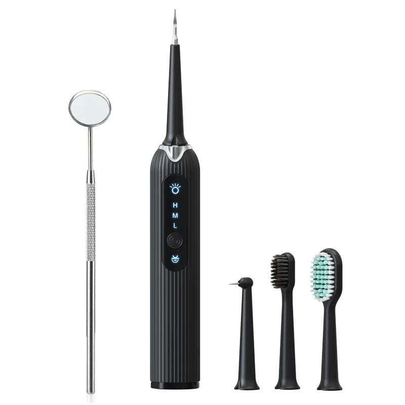 Spazzolino elettrico nero con accessori: specchietto dentale, testine intercambiabili. Design moderno, ideale per igiene orale avanzata.